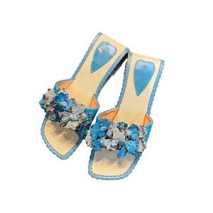 Vintage Beaded Floral Wedge Sandals Blue 3D Flower Slides Size L